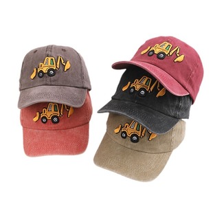 Children's Washed Cloth Baseball Cap Cross-border Hot Sale Cartoon Excavator Embroidery Pattern Curved Eave Cap for Boys and Girls