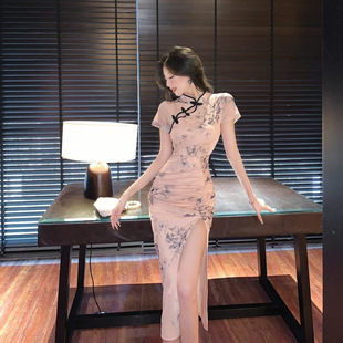 2024 Vintage National Fashion Printed Modified Cheongsam High Split Daily Hip Wrinkle Waist Mid-length dress