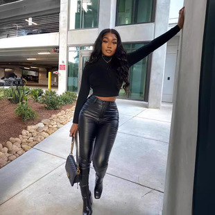 TB5624 cross-border women's clothing autumn and winter hot new fashion all-match sexy tight stretch PU plus size leather pants bottom