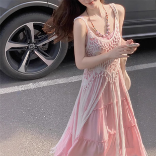 Small Wear suit Pink Women's Gentle Sling dress Summer New Seaside Fake Tassel Blouse