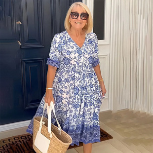 2024 women's new cross-border Amazon foreign trade plus size women's long dress floral tie-dye print loose dress