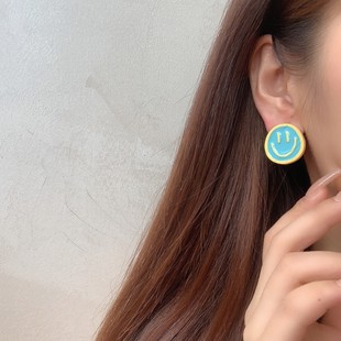 S925 silver needle contrast color smiley face earrings small simple 2022 new fashion ins cold style summer earrings
