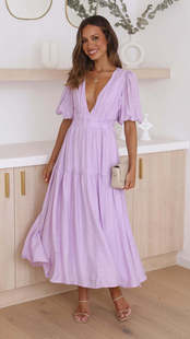 Cross-border European and American Foreign Trade Amazon Independent Station 2023 Summer Solid Color V-neck Puff Sleeve Mid-length Dress for Women