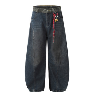 2024 American Style Retro Autumn and Winter Wash Blue Scimitar Design Sense Jeans Loose Wide Leg Trendy Brand Long Pants Cross Border