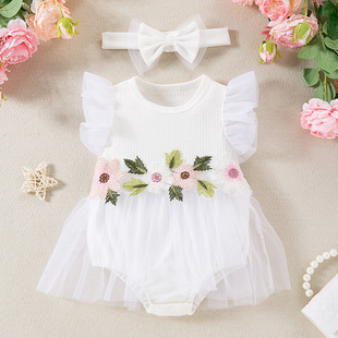 2024 new cross-border children's clothing summer baby's small flying sleeve Gaza romper dress Western style cute flower one-piece dress