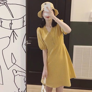 Summer 2023 New Mori Artistic Retro Dress Light Mature Sweet Elegant Tight Waist Plaid Dress