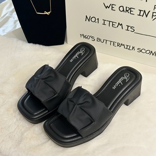 Summer Pleated Comfortable Noodles Foreign Trade Fairy Style High Heel Outer Wear Slippers Cross-border Women's Sandals and Slippers with Thick Heel