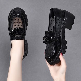 Patent Leather Loafers Women's 2025 New Summer Platform Thick-soled Slip-on Women's Shoes Hollow All-match Mesh Shoes