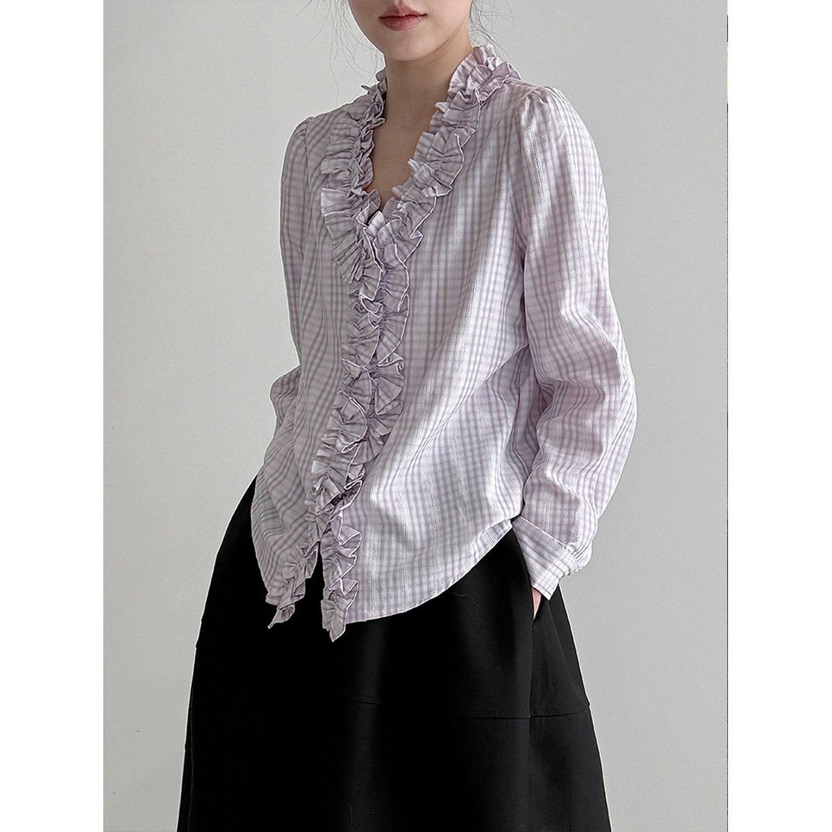 LUXI Gentle Style Ruffled V-Neck Shirt for Women, Spring 2026, Korean Style Versatile Plaid Textured Shirt 89026