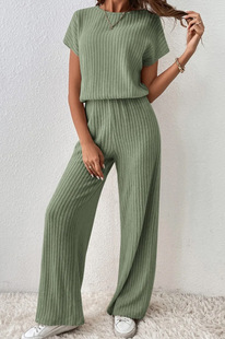 2024 new solid color fine pit fashion shoulder short sleeve knitted suit jacket pants two-piece set