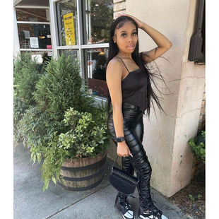 Z6125 Cross-border Autumn New Product Amazon European and American Fashion Sexy Tight Pleated High Waist PU Leather Pants