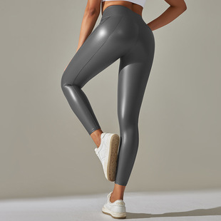 Cross-border Amazon Explosions New European and American Bright Leather Stitching Leather Pants Sexy Stretch Tight High Waist Cropped Pants for Women