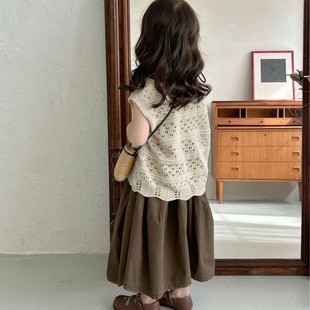 2024 spring new children's clothing Korean style children's clothing girls' hollow wool vest Mori knitted vest cardigan