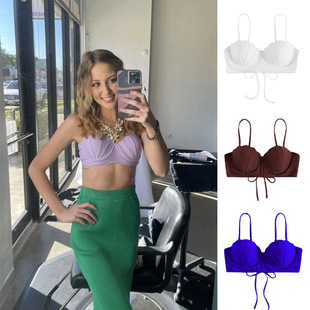 Amazon Swimwear 2024 New Solid Color Shell Steel Push-up Beach Swimsuit Sexy Bikini Top Women