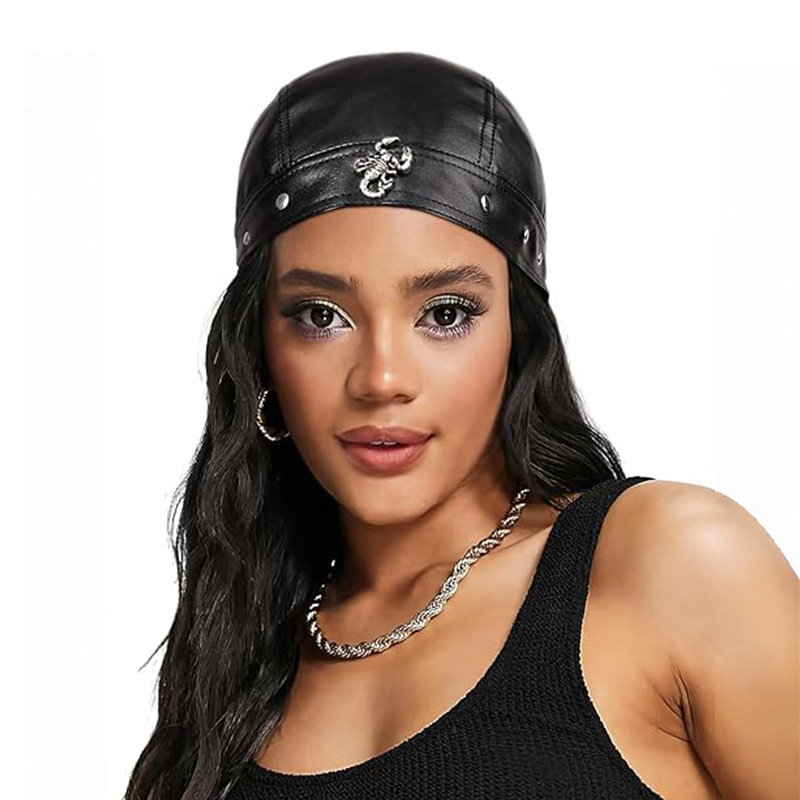 Leather Black Headscarf Hat, Punk Pirate Hat, Dance Party Bar Music Festival Biker Hood, Head Wrap Riding Hat