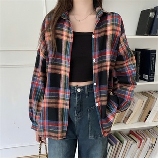 Plaid Shirt Coat Women's Spring and Autumn New Fashionable Loose Slimming Lazy BF Style Polo Collar Mid-length Top