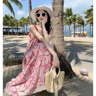 Real Shot Ink Print Dress Summer Seaside Vacation Suspender Beach Dress Dress