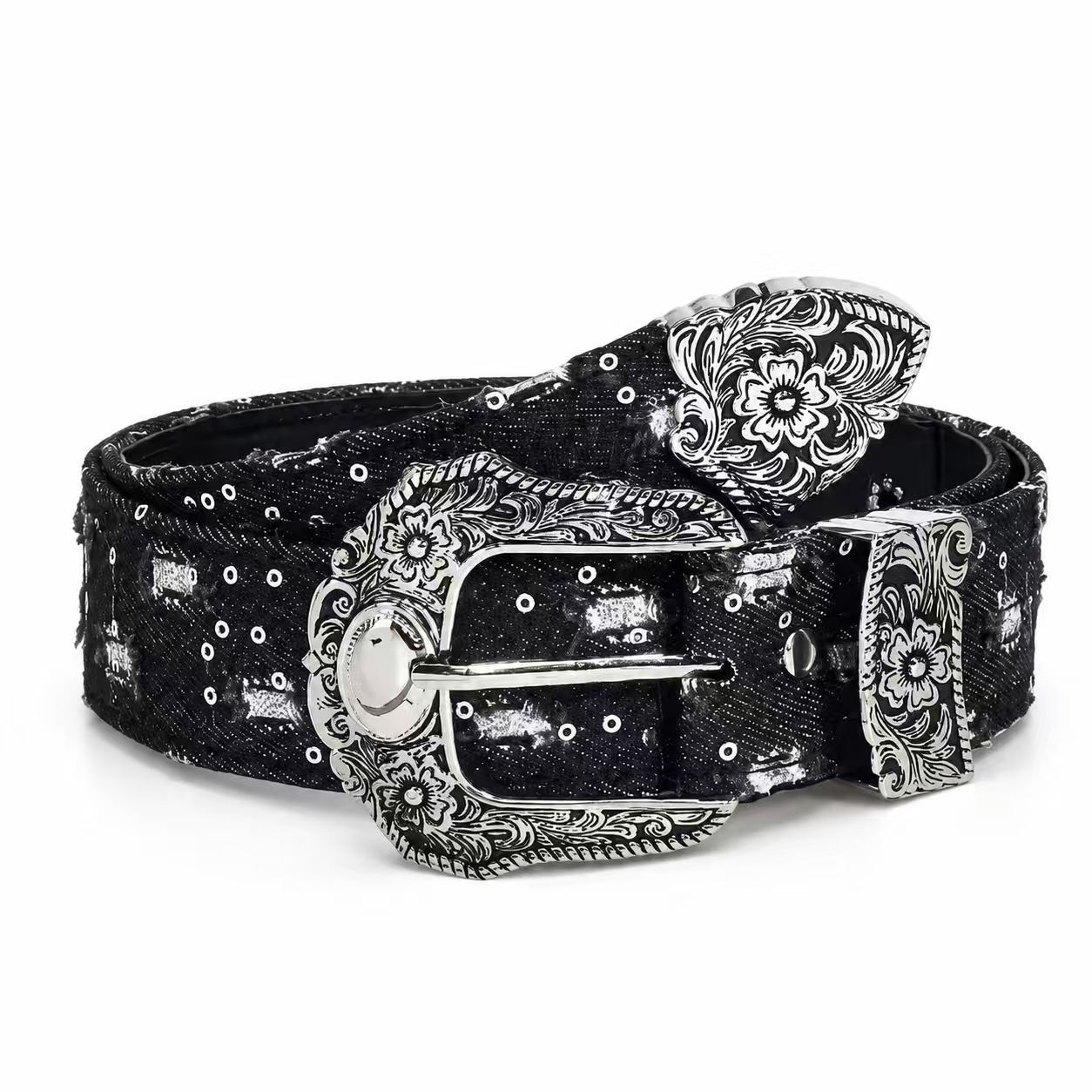 Vintage Y2K Spicy Girl Belt with Carved Buckle, Denim Leather Belt for Women, Wide Belt with Sequins and Rivet Decoration