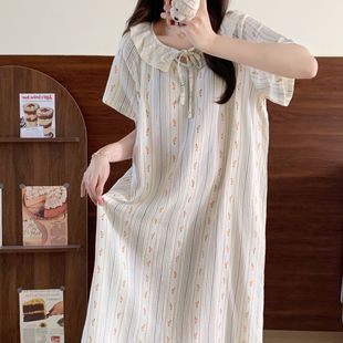 Pajamas Women's 2024 New Summer Lace Nightdress Ins Palace Style Striped Floral Midi Dress Outer Wear Home Clothes