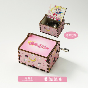 Wooden hand-cranked music box retro carved wooden music box color printing cross-border birthday gift a minimum order wholesale
