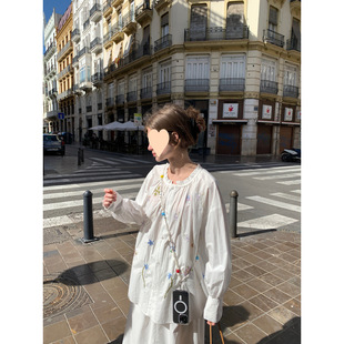 Colorful Embroidered Lace Holiday Loose French White Shirt High Waist Slimming Mid-length Skirt Two-piece Suit