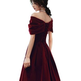 Toast Dress Bride's Wedding Engagement Wine Red off-shoulder Large Size Pregnant Women's Belly Covering Small Figure Slimming Evening Dress