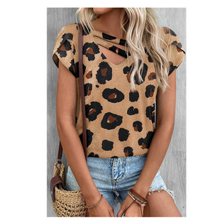 2023 Spring and Summer European and American Cross-border Independent Station wish New Women's Printed V-neck Petal Sleeve Loose T-shirt