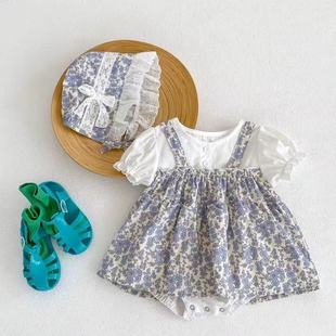 Ins Summer New Newborn Baby Small Floral Princess Fake Two-piece Hare Dress Baby Cute Sweet Triangle Hare Dress