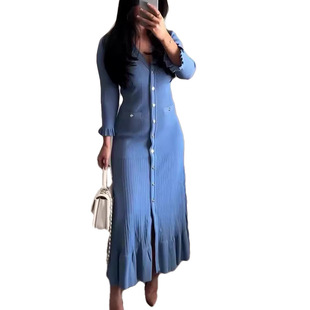 European and American Cross-border Solid Color Single-breasted Knitted dress Tight Waist Slimming Fishtail Skirt Fashion V-neck Seven-point Sleeve Sweater