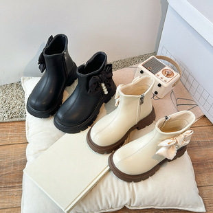 Girls Small Leather Boots 2024 Spring and Autumn New Children's Boots Fashion Zipper Round Toe All-match Single Short Boots for Primary School Students