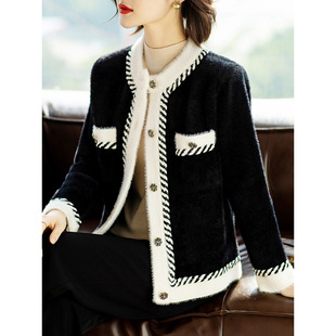Chanel Style Contrast Color Cardigan Coat Women's Autumn Autumn 2024 Autumn New Style Imitation Mink Velvet Socialite Elegant Outer Top