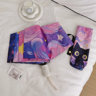 Van Gogh Style Cartoon Cat Black Rubber Folding Umbrella Professional Sunscreen and Ultraviolet Protection and Rain Protection Dual-purpose Umbrella Portable Mini Umbrella