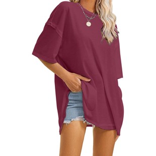 2024 Europe and the United States cross-border summer women's independent station explosions solid color crew neck side slits loose T-shirt