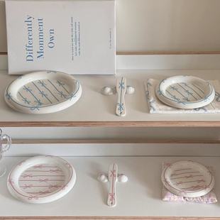 Han Feng Ins Girl's Heart Bow Tableware Doodle Plate Breakfast Dessert Cake Plate Spaghetti Salada Plate