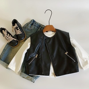 Maibao Children's Vest 2024 Autumn New Style Outer Wear Leather Jacket Boys Retro Style Western Style Jacket All-match Top Trendy