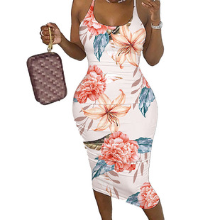 Amazon cross-border European and American explosions women's 2022 summer fashion hanging neck backless waist foreign trade printed dress
