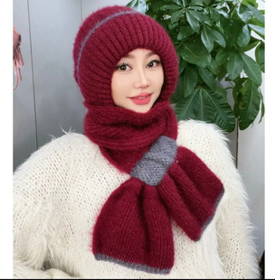 New double-knit all-match squirrel velvet scarf all-in-one snow cap fleece-lined knitted cap buckle ear protection wool cap
