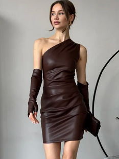 European and American Cross-Border Pu Skirt Street Fashion Women's Diagonal Collar Sleeveless Sleeves Waist-Covering Hip Dress Wholesale