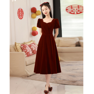 Toasting Dress Bride 2024 New Wedding wine red Autumn and Winter Engagement Dress for Small dress