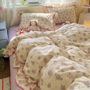 Cartoon Fresh Girl Cute Bed Four-piece Set Washed Lace Student Dormitory Quilt Cover Bed Sheet Dormitory Three-piece Set
