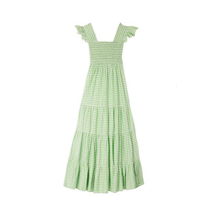 in stock 604 Summer New 2023 Green Plaid Cotton A Retro Square Collar Flying Sleeve Long dress French Style