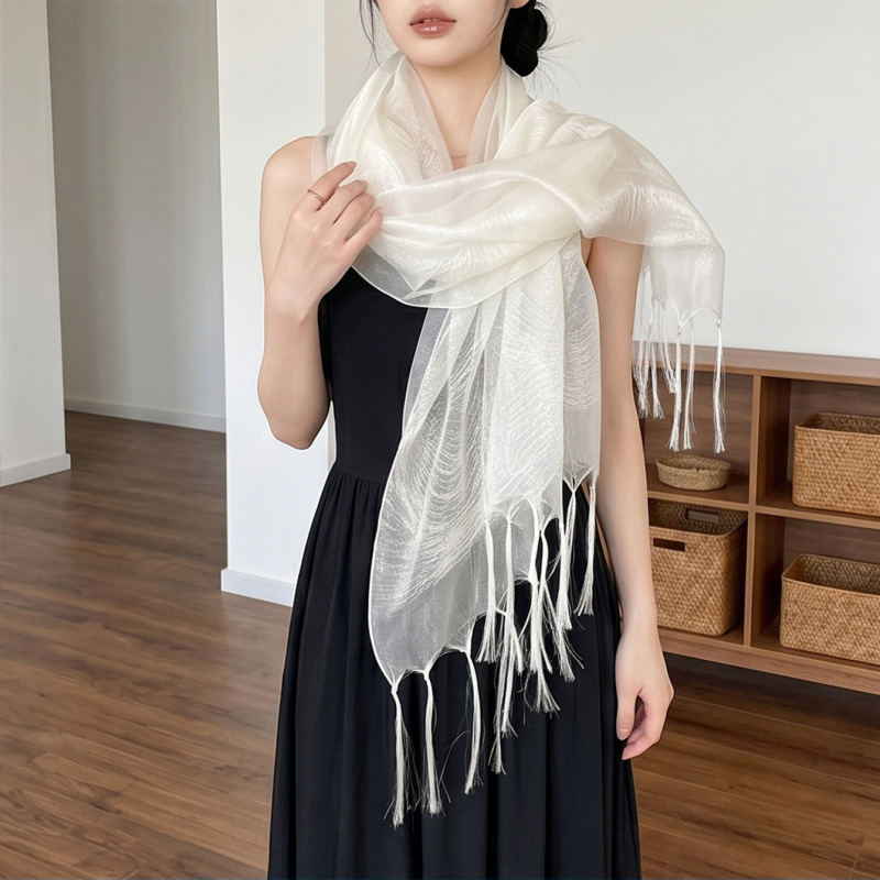 100% Mulberry Silk Scarf, High-End Silk Long Scarf with Tassels, Shawl with a Luxurious Feel, Versatile Silk Scarf, Neck Scarf