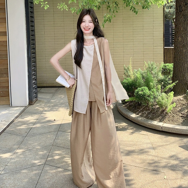 Stylish Patchwork Sleeveless Top and Wide-Leg Pants Two-Piece Set for Women, 2026 Summer Korean Style, Super Stylish and Relaxed Outfit