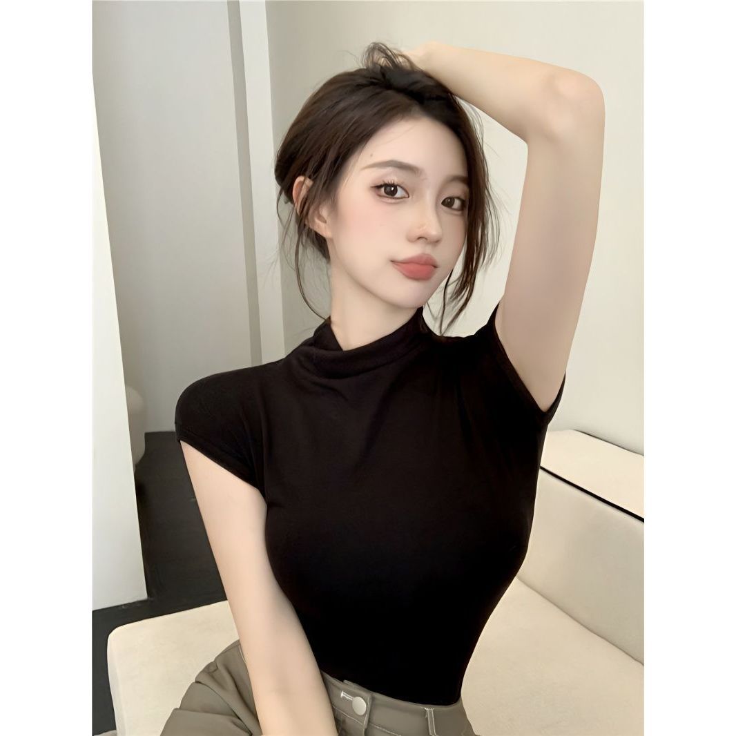 순수한 욕망 스타일 반 높은 칼라 짧은 소매 꽉 바지 셔츠 2025 여름 새로운 우아한 여성 티셔츠 블랙 탑