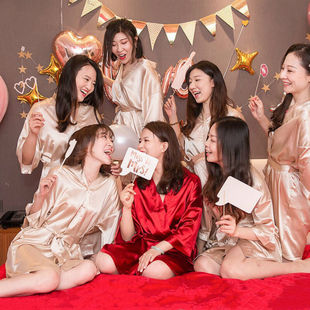 Wedding Nightgown Long Sleeve Spring and Autumn Ice Silk Sexy Silk Pajamas Bridesmaid Red Wedding Morning Gown Female Bride