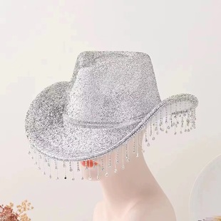 Amazon Explosions Western Cowboy Hat Women's Shiny Rhinestone Tassel Wide Brim Light Luxury Hand Hat DIY Gift