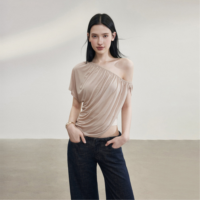 High-Quality Asymmetrical Ruched Faux Two-Piece T-Shirt for Women, Slim-Fit Design, Stretchy and Breathable Knit Top