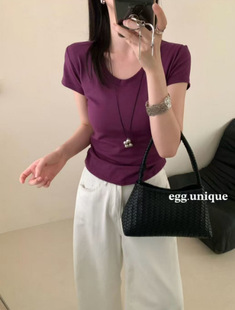 egg.unique тонкая футболка с U-образным вырезом для женщин, простой и универсальный корейский стиль, удобная однотонная тонкая футболка с U-образным вырезом и короткими рукавами, топ