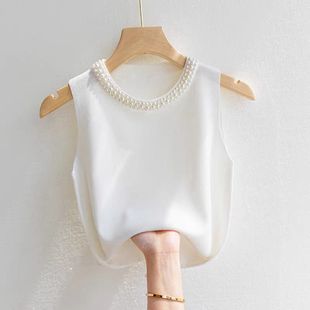 Inner Matching Suit Beaded Elegant Style Sweater Top Camisole Women's Solid Color Sleeveless Knitted Short Fashionable Vest