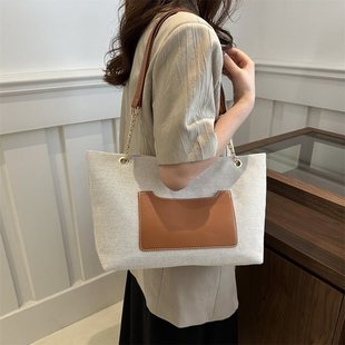 Contrast Color Fashionable Large Bag Women's 2024 New Nylon Large Capacity Lightweight Tote Bag Vintage Stitching Shoulder Bag